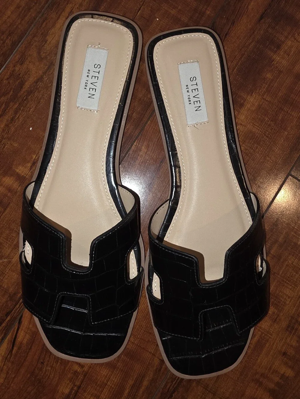 Steven New York by Steve Madden Black Croc-Embossed Slide Sandals